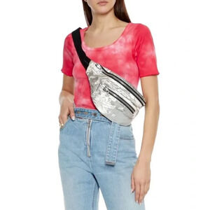 Helmut Lang Womens T-Shirt Top Red Pink White Abstract Art Small Crew Ribbed